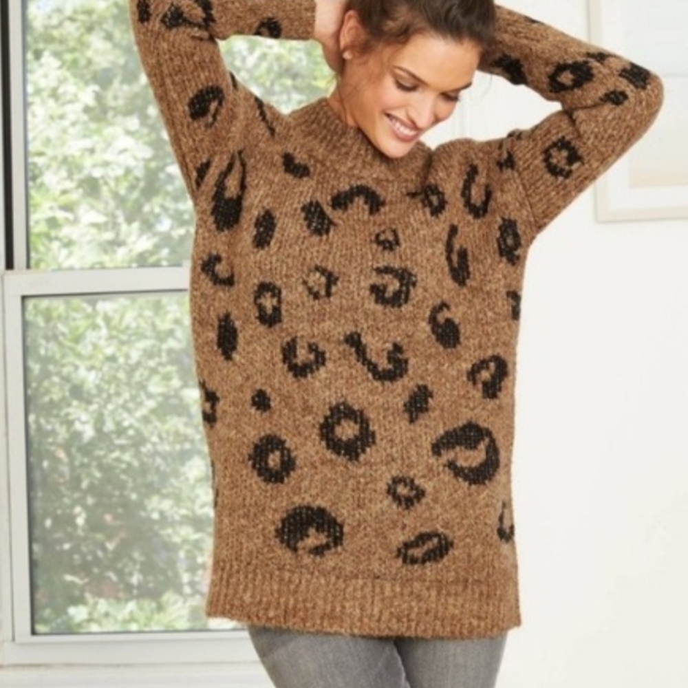 NWT recycled poly blend leopard print heavy Winter Sweater Turtleneck Mockneck
